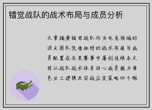 错觉战队的战术布局与成员分析